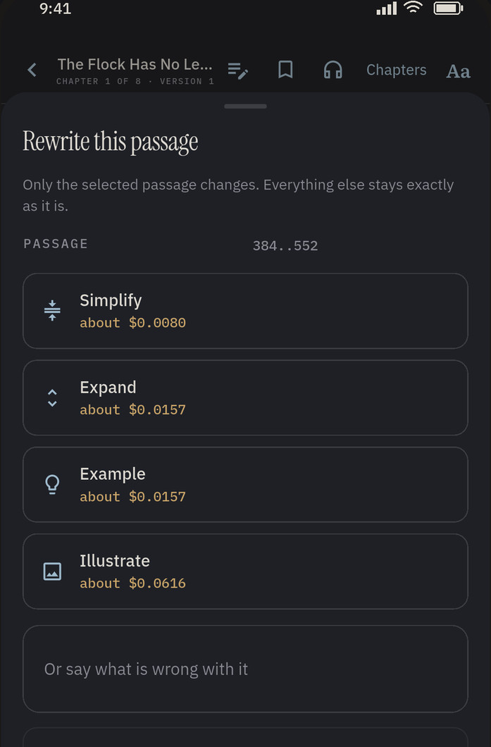 The same rewrite sheet in the app's night theme: Simplify, Expand, Example and Illustrate on dark cards, each with its estimated price, and a field for saying what is wrong in your own words.