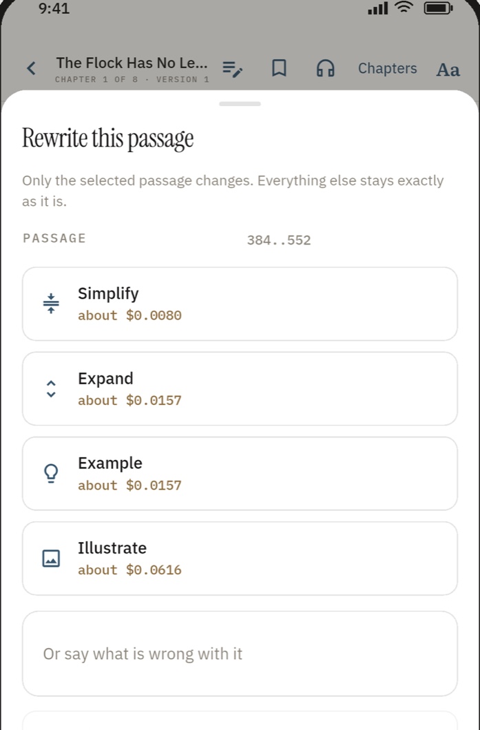 The rewrite sheet in MetaBook: Simplify, Expand, Example and Illustrate, each showing an estimated price before it is pressed, and a field for saying what is wrong in your own words.