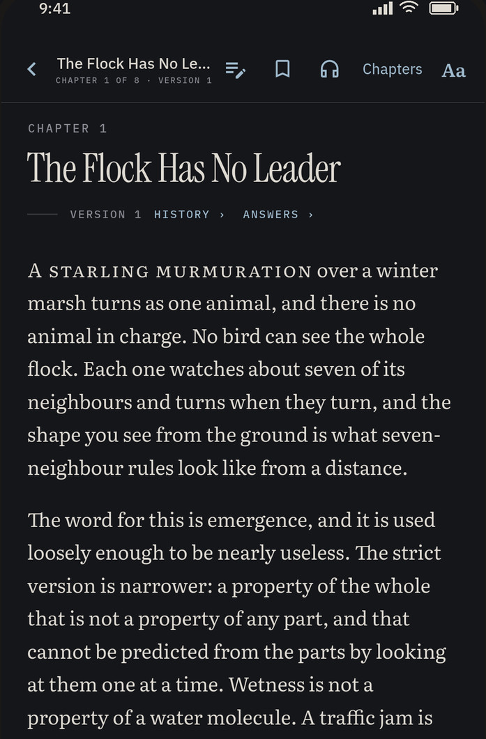 The same reader in the app's night theme: the chapter in pale type on near-black, its version, history and answers under the title.