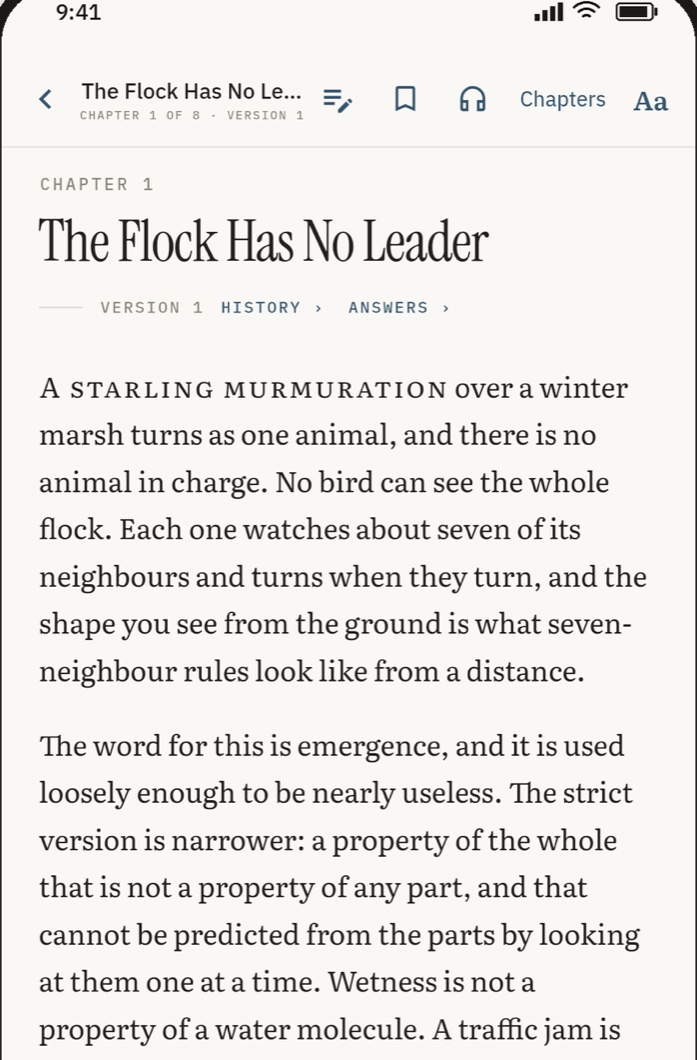 The MetaBook reader: chapter one of a book set in a book typeface, with its version, history and answers under the title.